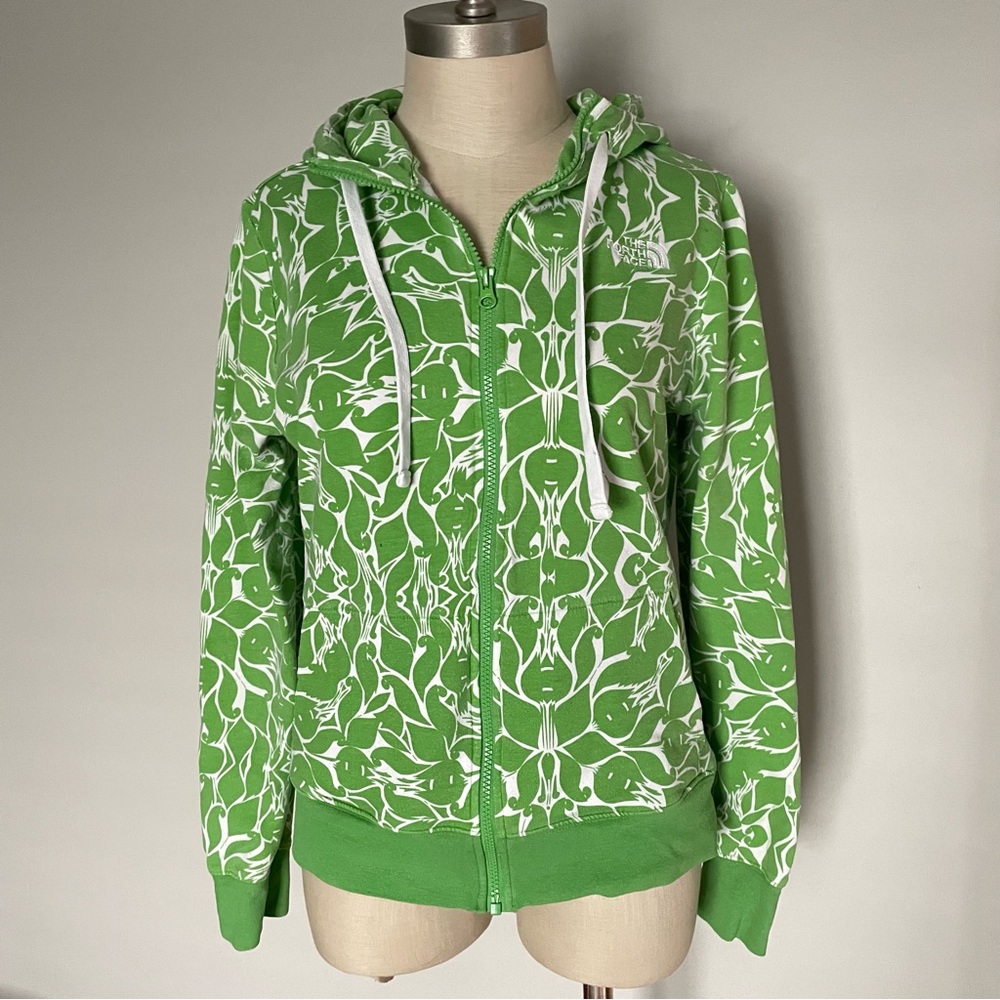The North Face lime green print cotton knit zip up hooded jacket size m